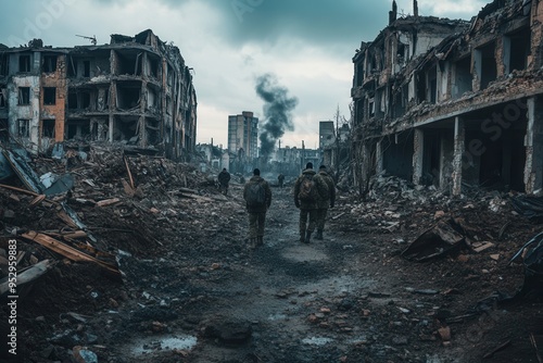 Military personnel navigate the debris of a ravaged city, flanked by crumbling structures and the smoke of ongoing destruction. Generative AI photo