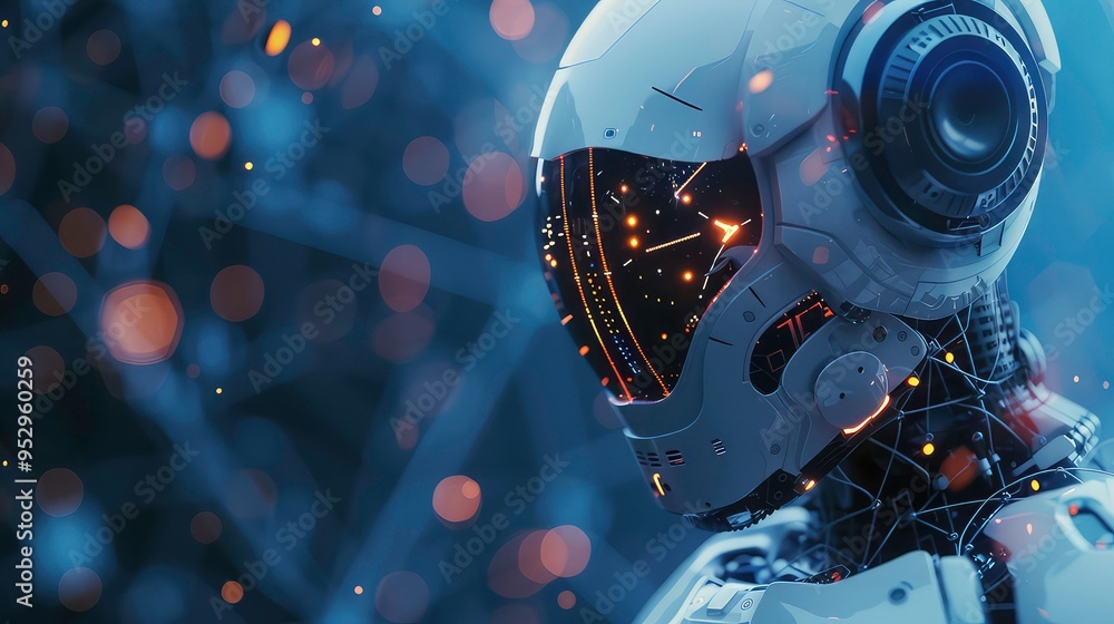 A futuristic robot with a white helmet and glowing lights against a blurry blue background. A futuristic robot with a white helmet and glowing lights against a blurry blue background.