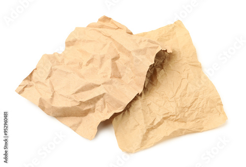 Crumpled kraft paper sheets isolated on white