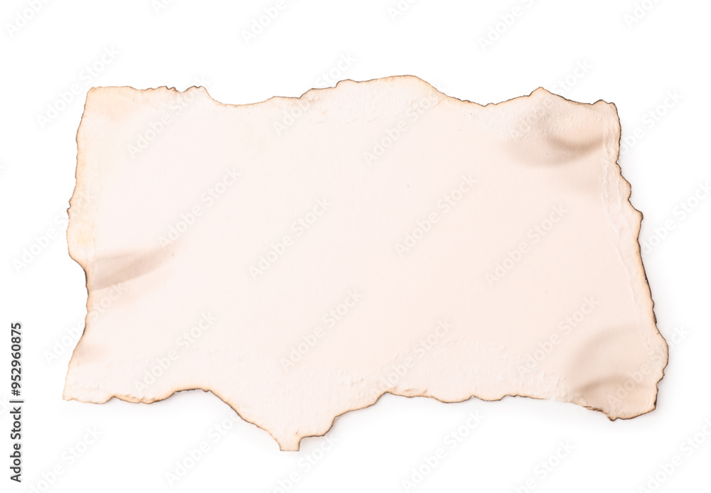 Piece of old paper with dark burnt borders isolated on white, top view Piece of old paper with dark burnt borders isolated on white, top view