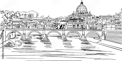 Vector hand draw Bridges over the Tiber river in Rome Italy panoramic in black and white