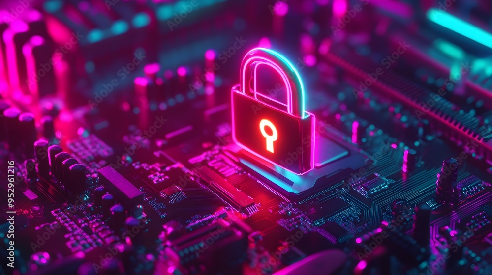 Close-up of a glowing padlock symbolizing secure digital connections, set against a motherboard with vibrant neon lights Close-up of a glowing padlock symbolizing secure digital connections, set against a motherboard with vibrant neon lights