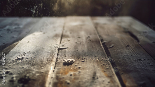 An old wooden table covered in dust showcases its vintage charm, ancient furniture surface and texture, hygiene in a dirty home