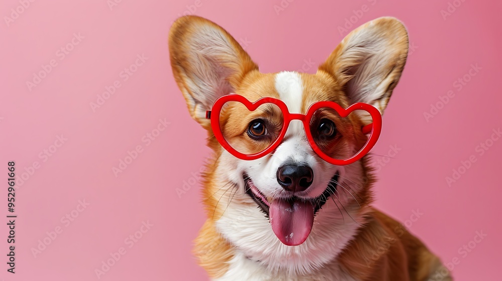 A cheerful corgi wearing heart-shaped glasses against a pink background, exuding fun and playfulness. A cheerful corgi wearing heart-shaped glasses against a pink background, exuding fun and playfulness.