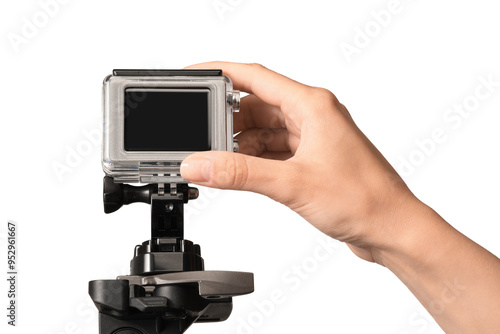 Woman with modern action camera on white background