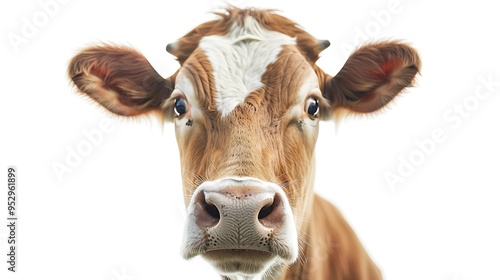 A close-up of a brown cow with a distinctive face and expressive eyes against a white background.