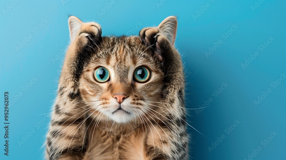 A surprised cat with big blue eyes against a blue background, showcasing its playful expression. A surprised cat with big blue eyes against a blue background, showcasing its playful expression.