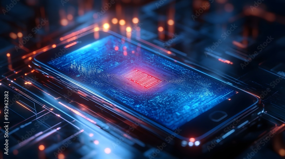 Futuristic smartphone with a biometric screen, showcasing advanced digital technology Futuristic smartphone with a biometric screen, showcasing advanced digital technology