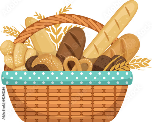 Bread basket cartoon icon. Fresh bakery products
