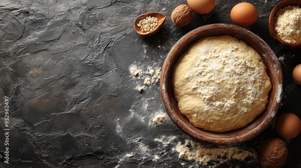 Photograph of Homemade Dough in a Bowl on a Grey Background, Top View, Flat Lay, with Copy Space Photograph of Homemade Dough in a Bowl on a Grey Background, Top View, Flat Lay, with Copy Space