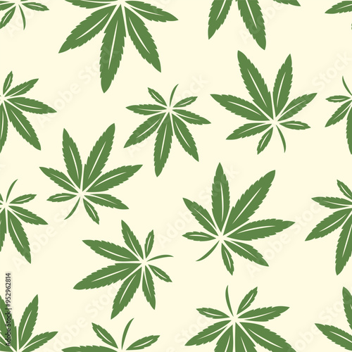 Vector Seamless Pattern with Flat Cannabis Leaves. Hemp, Cannabis Green Leaf on White Background. Seamless Print with Medical Marijuana. Vector Illustration