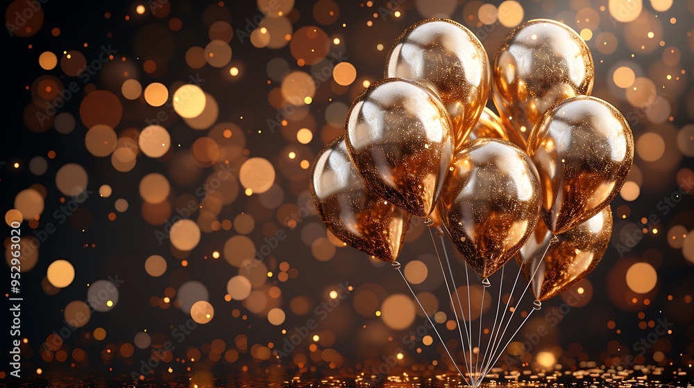 Golden balloons with bokeh lights on a black background. Golden balloons with bokeh lights on a black background.