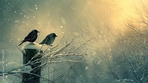 Wallpaper Mural Two birds perched on a snowy branch, surrounded by a serene winter landscape. Torontodigital.ca