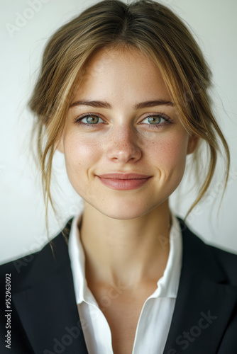 A person in a professional suit smiles softly in this portrait, giving off a confident and approachable demeanor with a clean background.