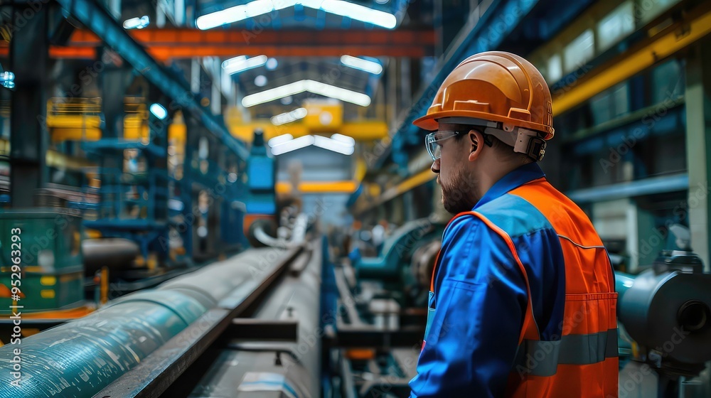 A man in a hardhat and safety vest stands in a factory, looking at a metal pipe. A man in a hardhat and safety vest stands in a factory, looking at a metal pipe.