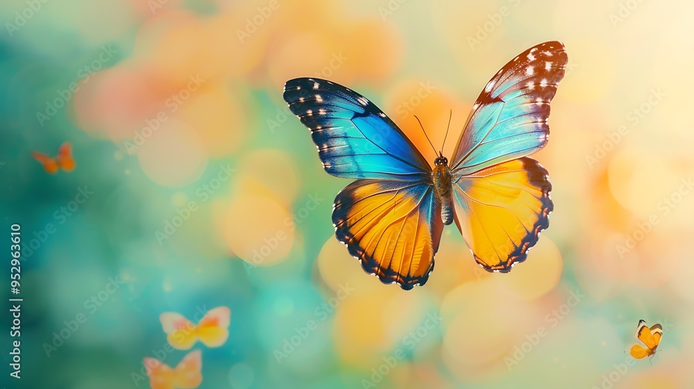 A vibrant butterfly with blue and orange wings amidst a colorful, blurred background. A vibrant butterfly with blue and orange wings amidst a colorful, blurred background.