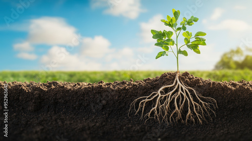 A young plant with visible roots grows in soil, symbolizing healthy growth and connection to the earth, under a bright blue sky with clouds.