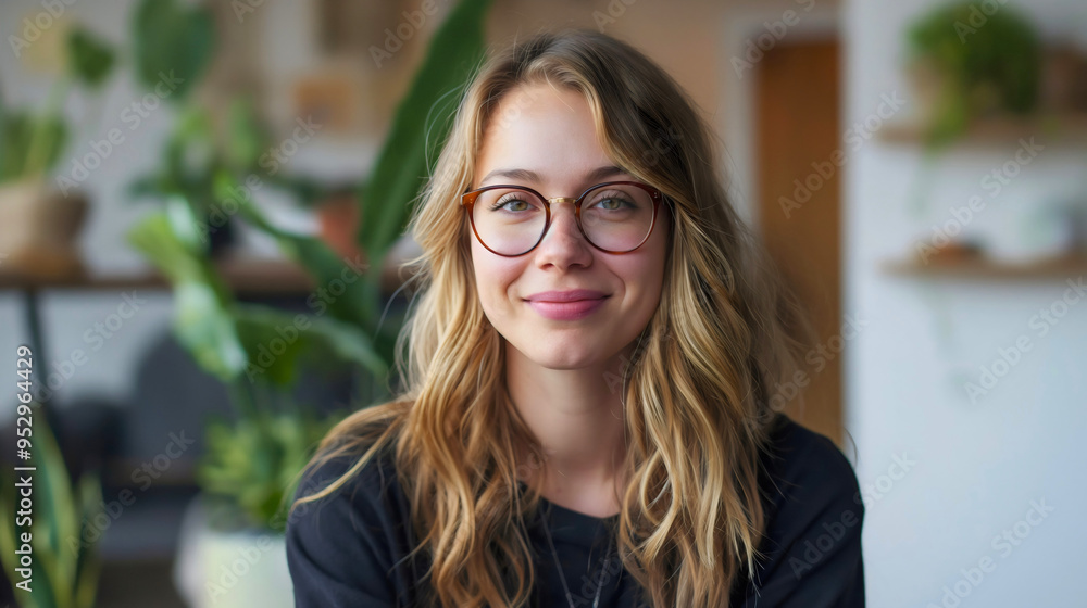 Beautiful young woman with glasses relaxing at home, smiling female in cozy living room, cheerful adult sitting in modern interior, casual lifestyle portrait of peaceful person in leisure Beautiful young woman with glasses relaxing at home, smiling female in cozy living room, cheerful adult sitting in modern interior, casual lifestyle portrait of peaceful person in leisure