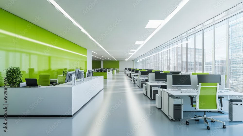 A modern office space with sleek white desks, green office chairs, and large windows allowing natural light to fill the room. A modern office space with sleek white desks, green office chairs, and large windows allowing natural light to fill the room.