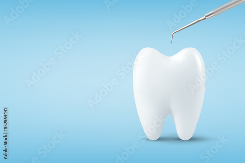 Vector 3d Realistic Tooth and Dental Probe for Teeth Closeup Isolated on Blue Background. Medical Dentist Tool. Design Template, Clipart, Mockup. Dentistry, Healthcare, Hygiene Concept