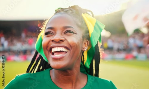 Jamaican Woman Cheering at Local Sports Game photo