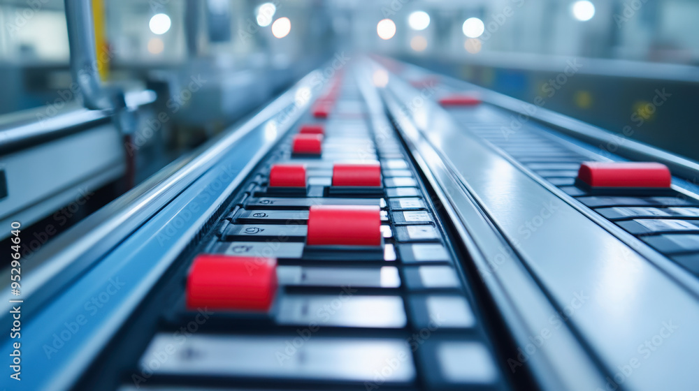 A close-up view of a modern assembly line in a factory, showcasing red and black components moving along the conveyor. A close-up view of a modern assembly line in a factory, showcasing red and black components moving along the conveyor.