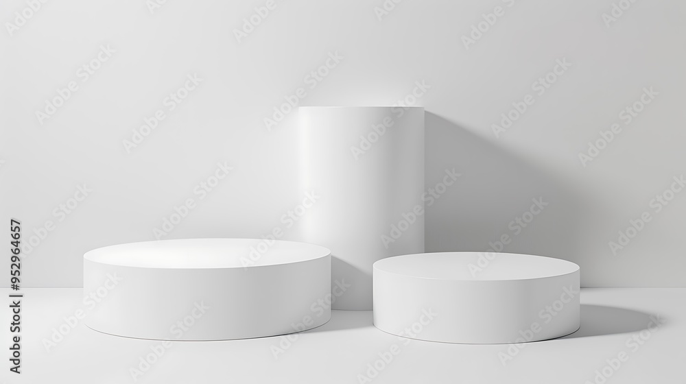 A minimalist display featuring three geometric white shapes against a plain background. A minimalist display featuring three geometric white shapes against a plain background.