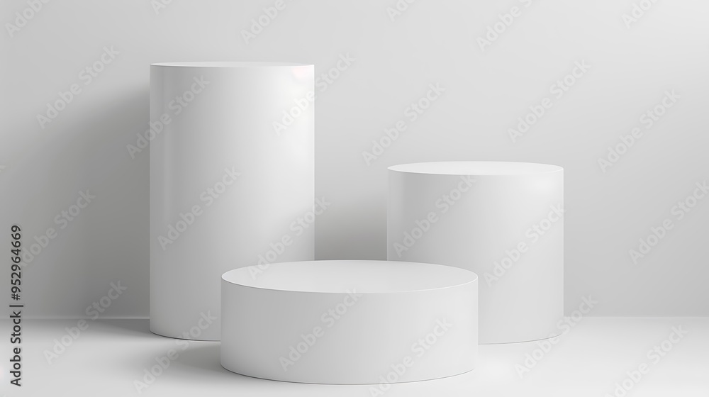 A minimalist display featuring three white cylindrical podiums on a light background. A minimalist display featuring three white cylindrical podiums on a light background.
