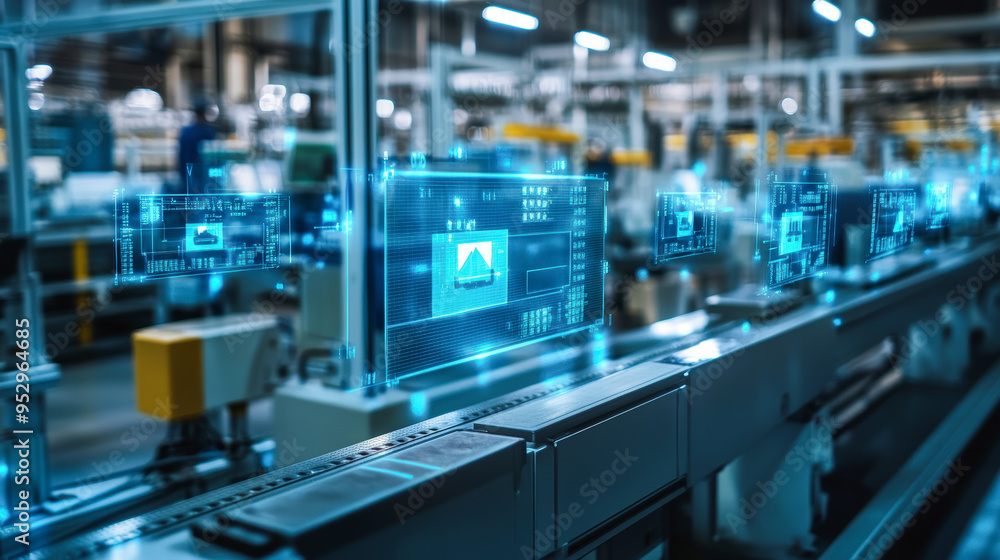 A high-tech factory production line with virtual screens displaying data and images, showcasing advanced automation and digital integration in manufacturing processes. A high-tech factory production line with virtual screens displaying data and images, showcasing advanced automation and digital integration in manufacturing processes.