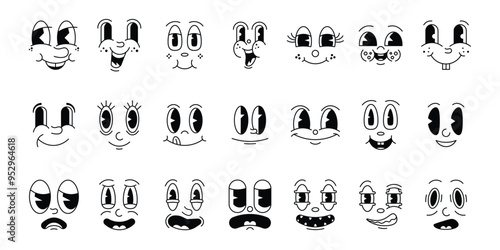 Retro cartoon mascot characters funny faces. 50s, 60s old animation eyes and mouths elements. Vector editable stroke