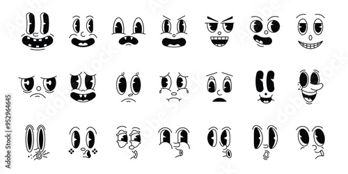 Retro cartoon mascot characters funny faces. 50s, 60s old animation eyes and mouths elements. Vector editable stroke