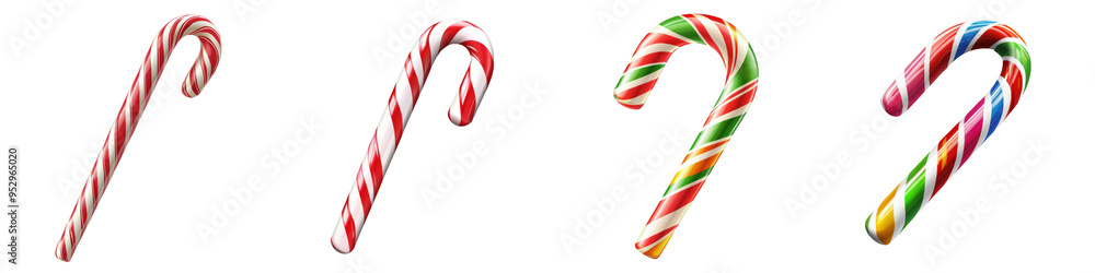 Fototapeta premium Colorful candy canes isolated on white background, perfect for Christmas holiday decorations and festive settings.