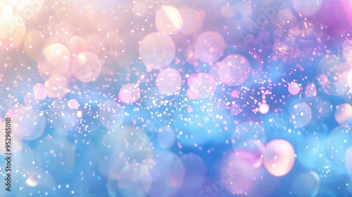 Abstract blue and purple bokeh background with soft light and sparkles.