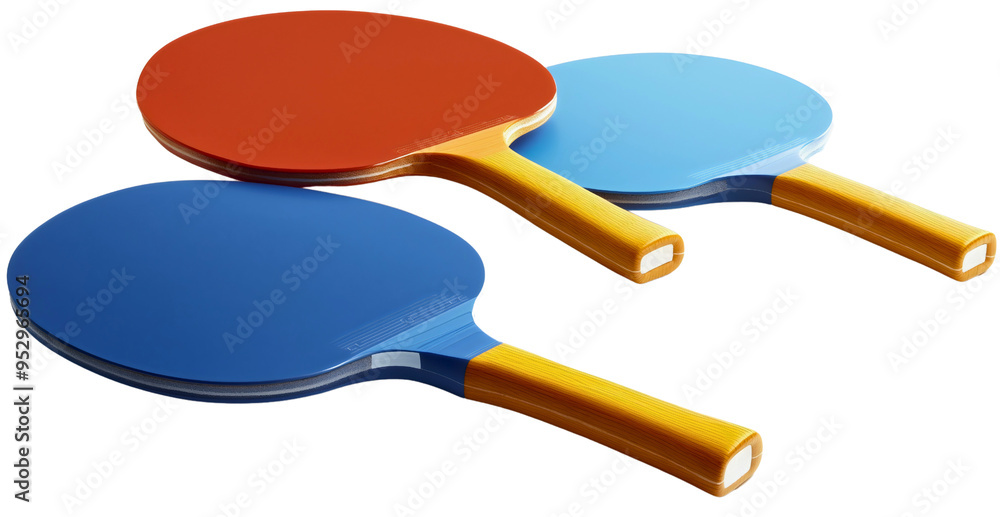 Isolated ping pong racket in blue and red rubber with wooden handle, table tennis sport equipment for game and competition, leisure activity, match for hobby or fitness in competitive tournament Isolated ping pong racket in blue and red rubber with wooden handle, table tennis sport equipment for game and competition, leisure activity, match for hobby or fitness in competitive tournament