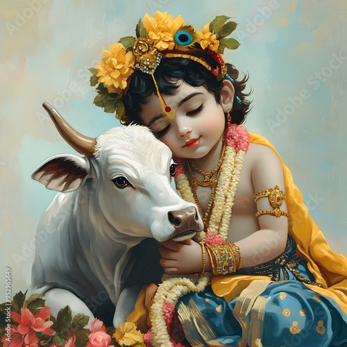 Krishna with Cow  Hindu God  Indian Mythology  Divine Child  Sacred Animal  Spiritual Art photo