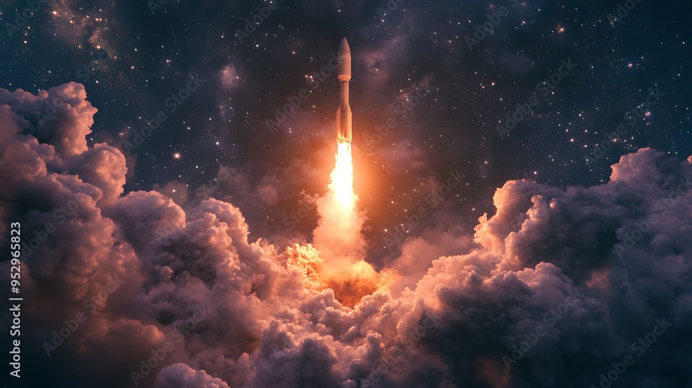 Fototapeta premium Rocket Launch Through Clouds Against a Starry Night Sky