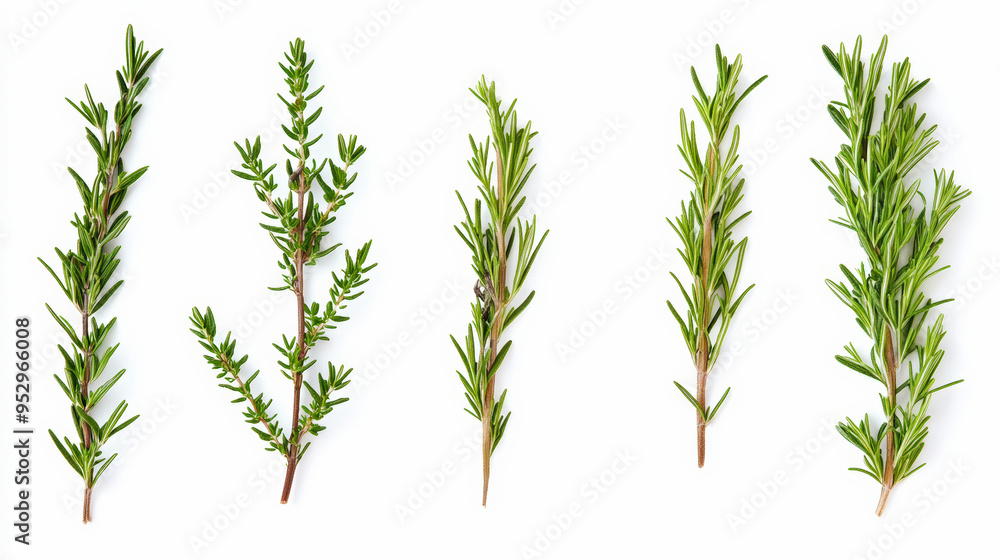 Five sprigs of fresh herbs, likely thyme and rosemary, laid out evenly against a white background. Perfect for adding flavor to dishes or garnishing. Five sprigs of fresh herbs, likely thyme and rosemary, laid out evenly against a white background. Perfect for adding flavor to dishes or garnishing.