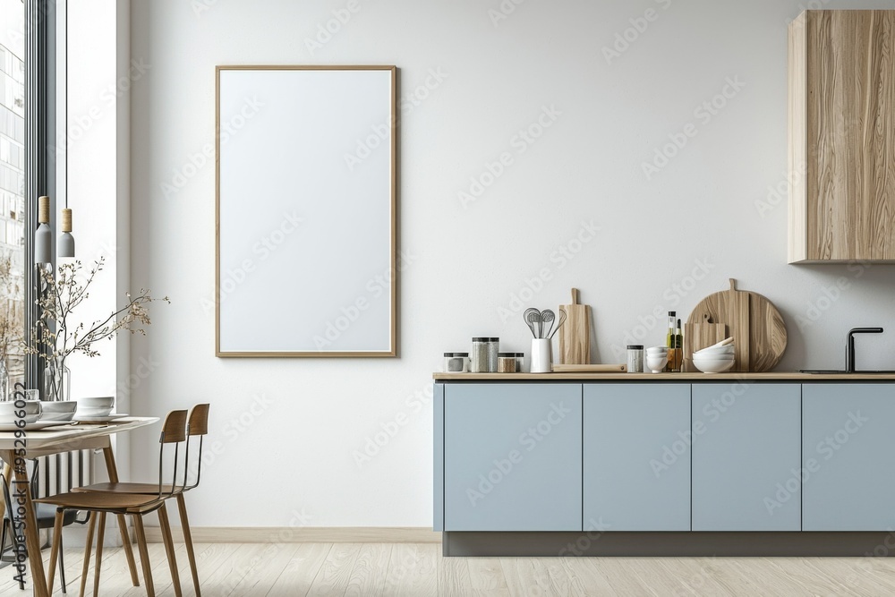 Poster Mockup in Kitchen Interior with White Wall created with Generative AI Poster Mockup in Kitchen Interior with White Wall created with Generative AI