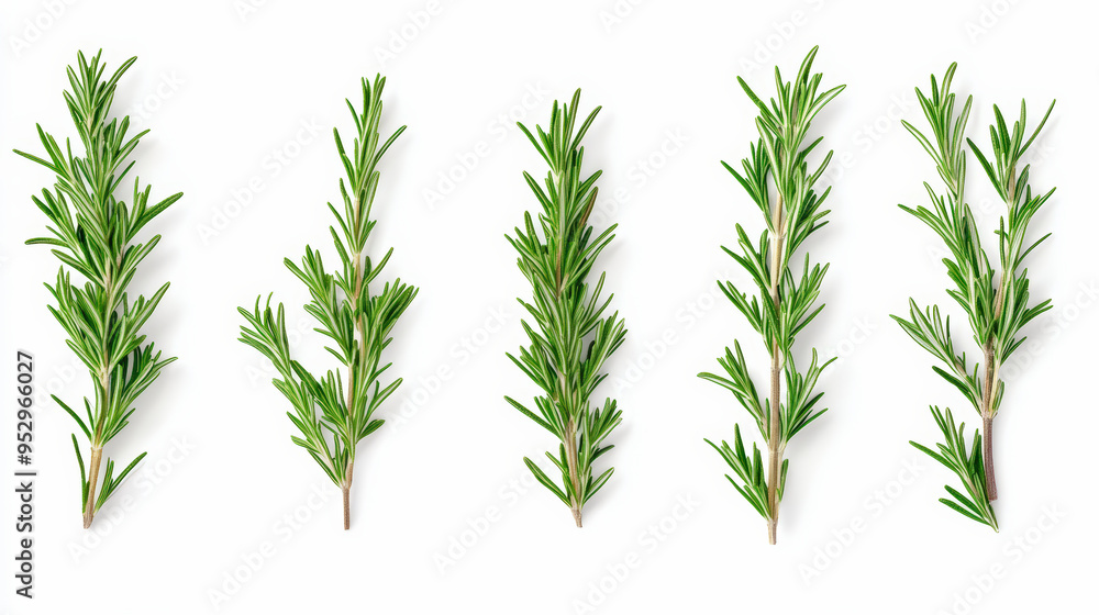 Obraz premium Five sprigs of fresh rosemary arranged in a line, showcasing their aromatic green leaves perfect for seasoning and garnishing culinary dishes.