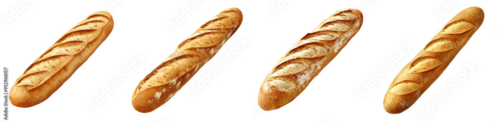 Four freshly baked French baguettes lined up in a row against a transparent background. Perfect for a bakery or food-related content. Four freshly baked French baguettes lined up in a row against a transparent background. Perfect for a bakery or food-related content.