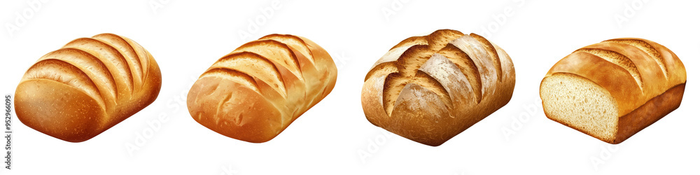 Four freshly baked loaves of bread showcasing different crust textures and cuts, perfect for culinary and bakery themes. Four freshly baked loaves of bread showcasing different crust textures and cuts, perfect for culinary and bakery themes.