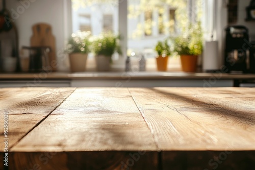 Space for product montage on wooden table top over blurred kitchen counter interior background , ai