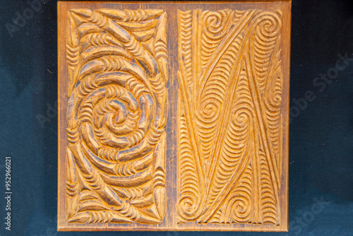 Traditional Maori Wood Carving on Display photo