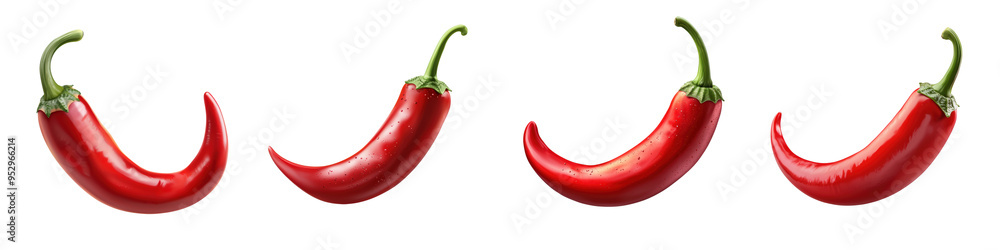 Four red chili peppers isolated on white background, representing spicy flavor and hot ingredients in cooking and cuisine.