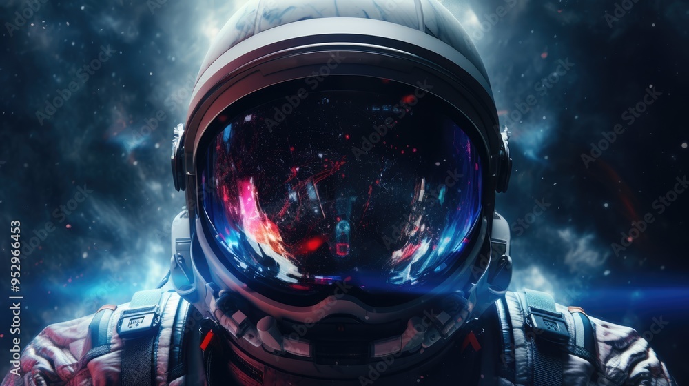 Astronaut helmet with the reflection of the planet Earth and stars in ...