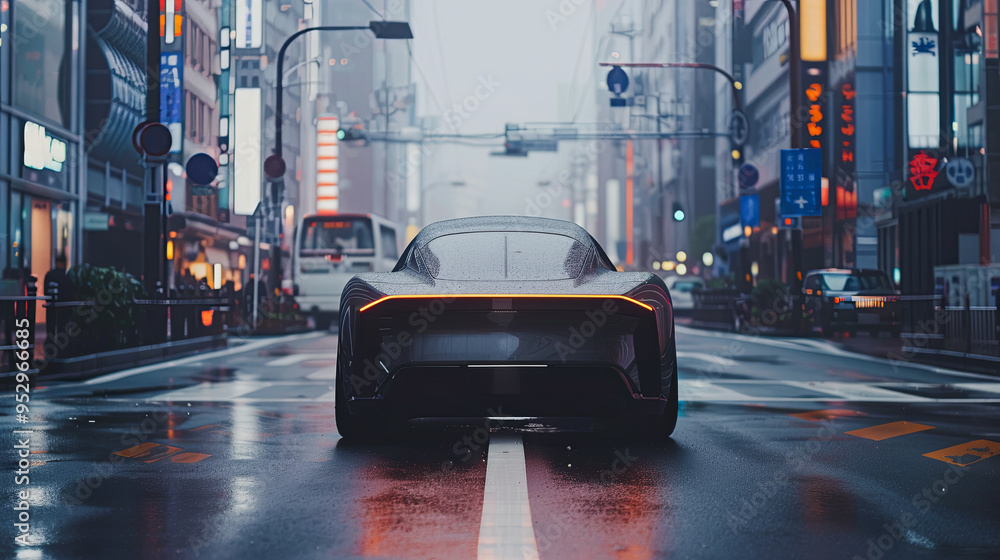 Obraz premium autonomous vehicle smoothly navigating a clean, modern city street. The composition highlights the future of urban mobility and the seamless integration of technology in everyday life