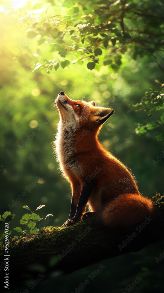Obraz premium A stunning red fox gazes upwards amidst a lush green forest, illuminated by soft sunlight filtering through the leaves. This serene moment captures the beauty of wildlife in nature.