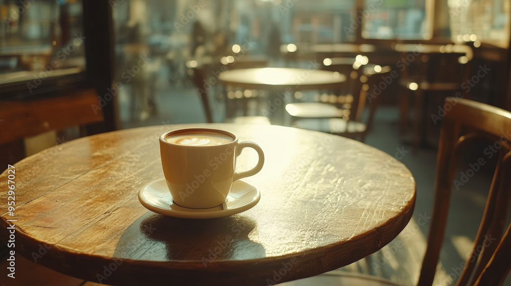 A warm cup of coffee sits on a wooden table in a cozy, sunlit caf? with blurred background and empty chairs. A warm cup of coffee sits on a wooden table in a cozy, sunlit caf? with blurred background and empty chairs.
