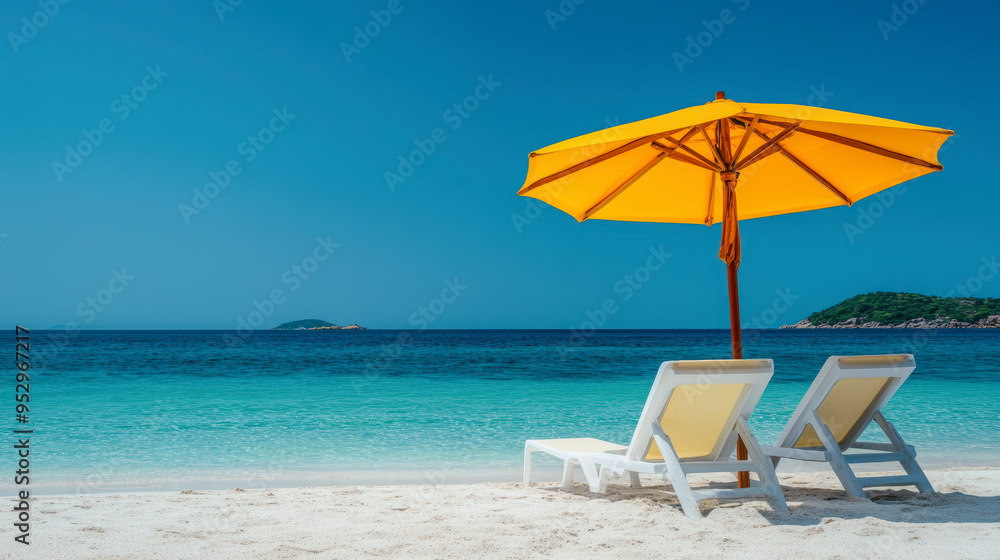 Two lounge chairs under a yellow umbrella on a pristine beach, with turquoise waters and a clear blue sky in the background. Two lounge chairs under a yellow umbrella on a pristine beach, with turquoise waters and a clear blue sky in the background.