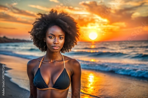 portrait of a beautiful young woman on a beach in sunset 